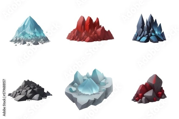 Fototapeta Jagged 3D Rocks Set, Pile with Ice and Heat, Mining Resource Icon Collection for Game or App, Hill of Elemental Riches, Illustration Isolated on White, Generative AI