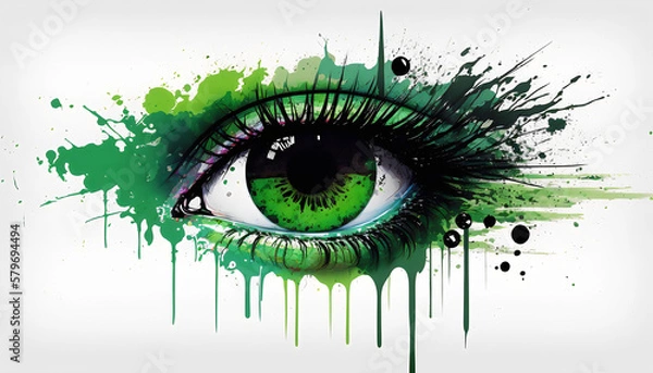 Fototapeta Artistic Expression: Human Eye Close-Up with Green Paint, Ink Splashes, and Drips, Generative AI