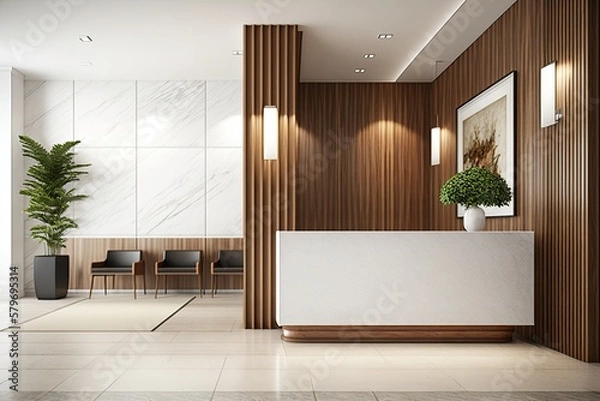Fototapeta A luxury and contemporary lobby area with a reception counter in a white and wood style interior design. Generative AI illustration.