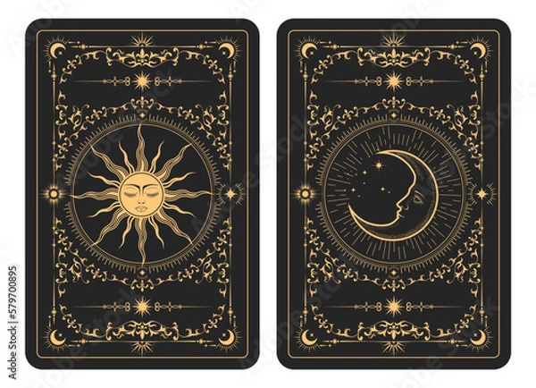 Fototapeta The reverse side of a tarot cards batch, pattern with mystic sun and moon, esoteric symbols of half-moon and astrology, vector