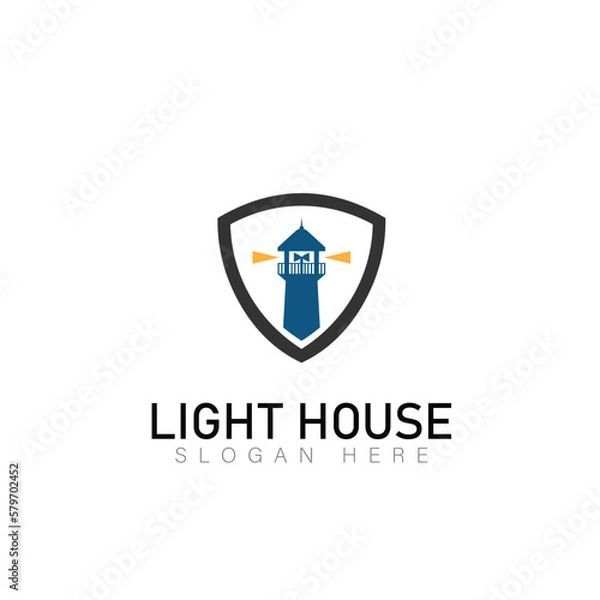 Obraz Lighthouse, Beacon logo icon. Vector Illustration. Modern linear simple logotype template. Lighthouses and ocean waves.