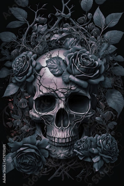 Fototapeta Gothic Skull with Black Roses Dark and Moody Artwork Skull PNG  |  AI Generated