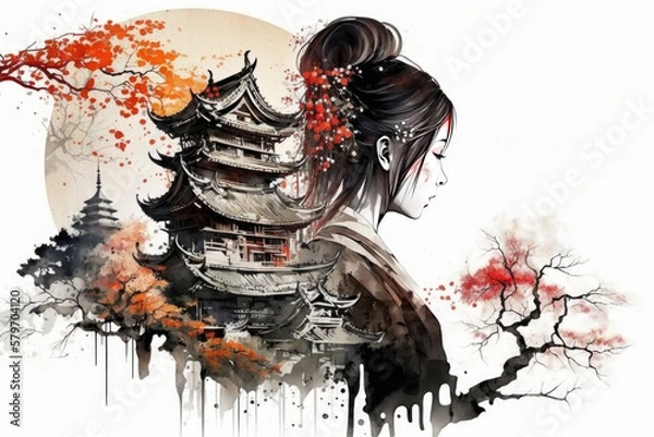 Fototapeta Geisha in kimono, abstract classical artwork of japanese culture. Typical japan house. Colorful illustration with cherry tree.