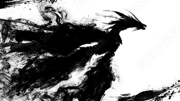 Fototapeta A black silhouette with a huge long-necked dragon flying across the sky and emitting darkness from ink and calligraphic strokes. expressive 2d isolated art with a huge spiked winged monster