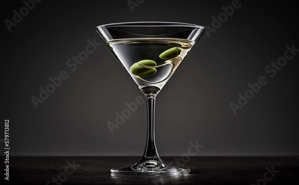 Fototapeta A Vodka Martini with two Olives. Popular Cocktail. Isolated on black backlit background. Illustrative Generative AI.