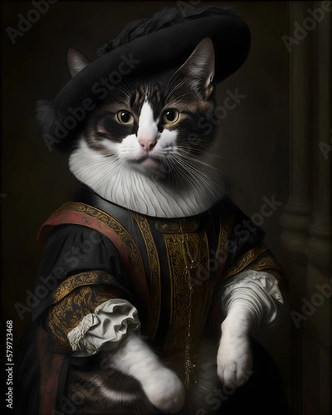 Obraz Portrait of a cat in renaissance clothes. Generative AI.