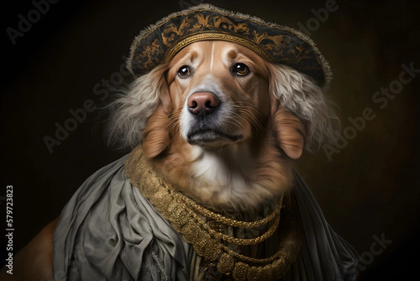 Obraz portrait of a dog wearing vintage clothes,  illustration, generative ai