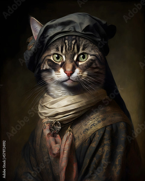 Obraz Portrait of a cat in renaissance clothes. Generative AI.