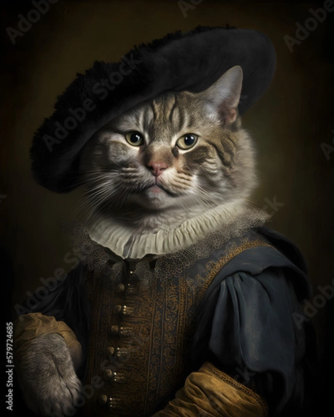 Obraz Portrait of a cat in renaissance clothes. Generative AI.
