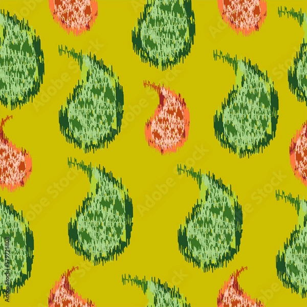 Obraz  green and red paisley pattern in ikat style seamless pattern background