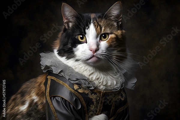 Obraz Portrait of a cat in renaissance clothes. Generative AI.