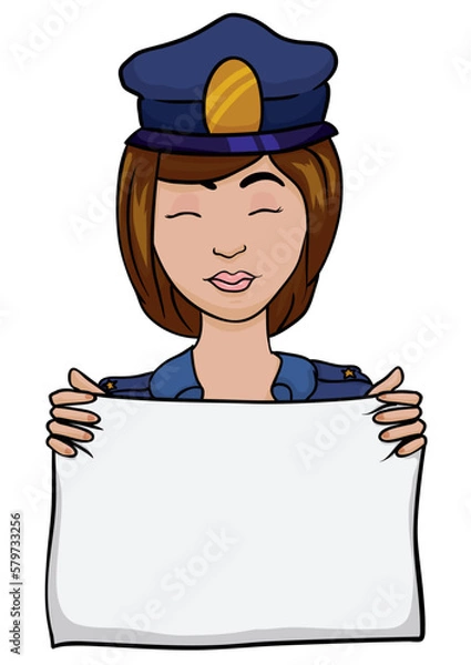 Fototapeta Proud policewoman with blue uniform and cap, holding a paper, Vector illustration