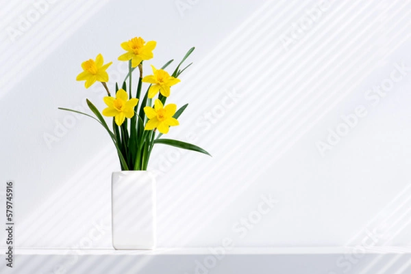 Obraz Hello spring, summer flowers background concept with sun rays. Easter yellow bunch of blossoming narcissus flowers in white vase on white nature background, space for text.