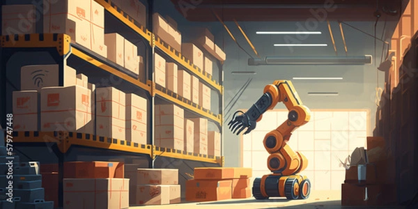 Fototapeta  Warehouses operate by automation and robotics. Increasing efficiency and productivity while reducing cost. Using robotic systems  for inventory tracking to picking and sorting. generative ai.