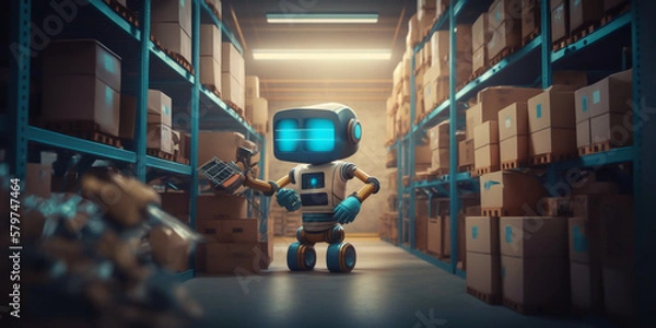 Fototapeta  Warehouses operate by automation and robotics. Increasing efficiency and productivity while reducing cost. Using robotic systems  for inventory tracking to picking and sorting. generative ai.