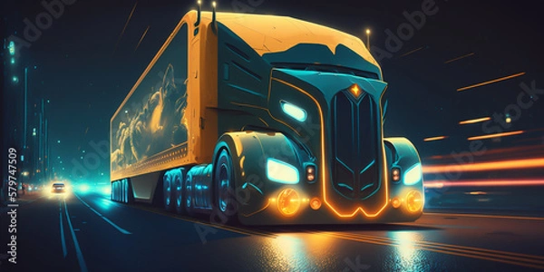 Fototapeta Autonomous semi trucks are the future of transportation. Self driving vehicles use sensors and sophisticated algorithms to navigate roads safely and efficiently, cost-effective. generative ai.