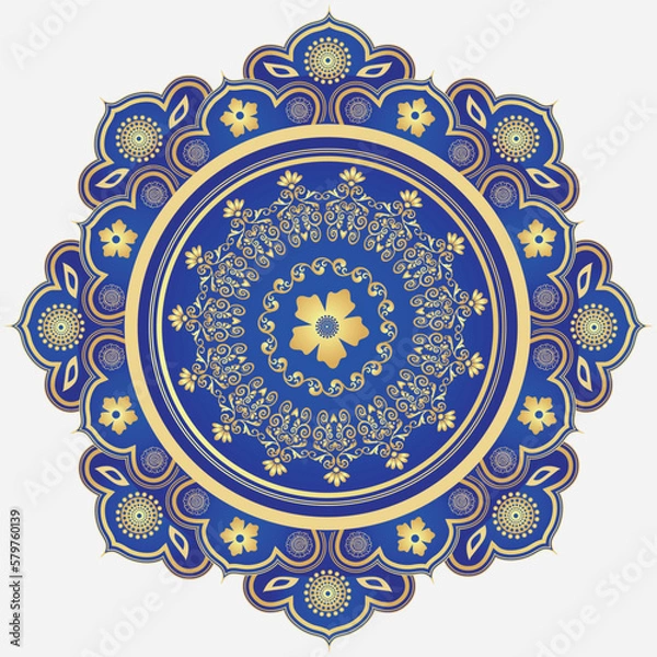 Fototapeta Blue and golden mandala with wavy doodle elements on a white background. Vector image