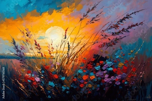 Fototapeta A summer evening landscape. Generative AI