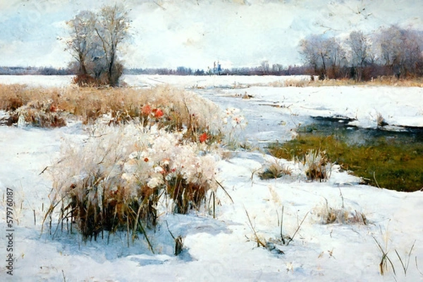 Obraz A winter landscape with a meadow is a beautiful scenery that takes your breath away. Generative AI
