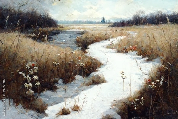 Obraz A winter landscape with a meadow is a beautiful scenery that takes your breath away. Generative AI