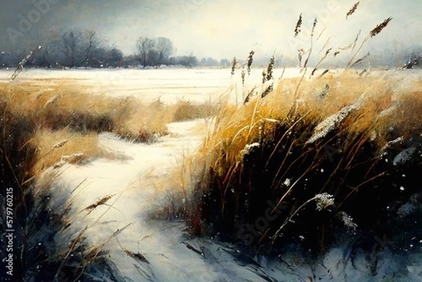 Fototapeta A winter landscape with a meadow is a beautiful scenery. Generative AI