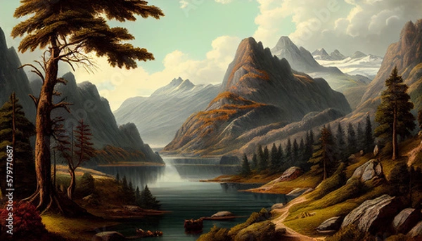 Fototapeta River - tree_and mountain Ai generated image