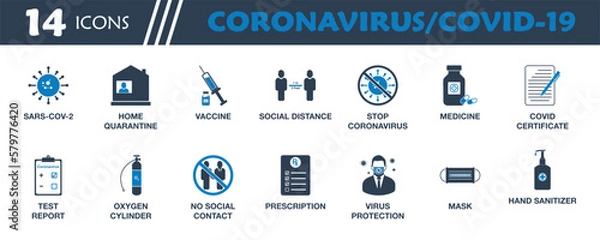 Obraz Coronavirus, Covid-19 Icon Set. Collection of Vaccine, Report, Social Distance, Mask, Hand Sanitizer and Medicine Icons. Editable Vector Symbol Illustration.
