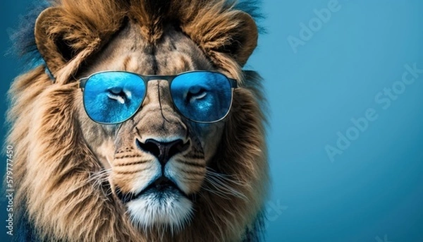 Fototapeta A Lion wearing sunglasses with a blue background. Furry art. Cute and funny animal portrait. Generative AI.