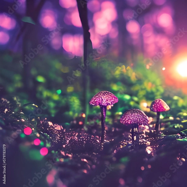 Obraz neon pink mushrooms in the forest. Generative AI