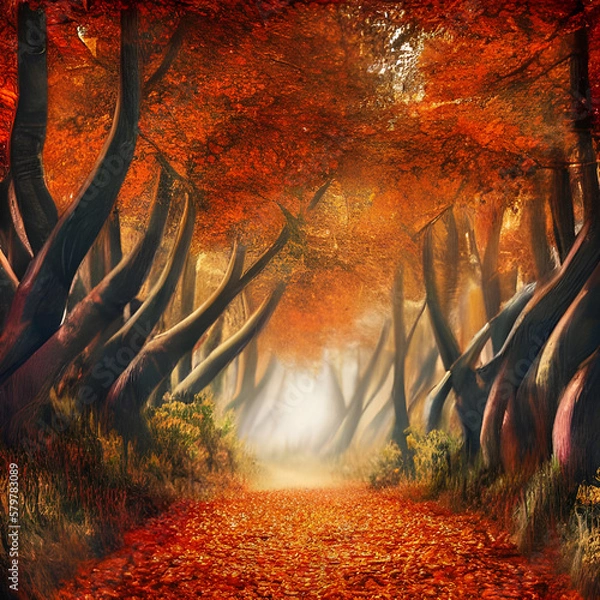 Obraz twisted tree trunks in autumn dark forest. Generative AI