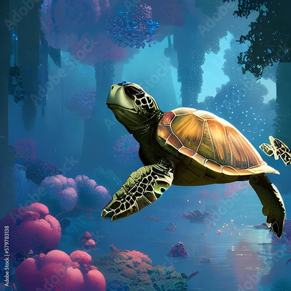Obraz cartoon turtle swims in the underwater world. Generative AI