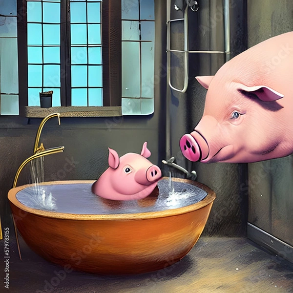 Obraz two little cartoon pigs in the bathroom, a little pig in the bathtub. Generative AI