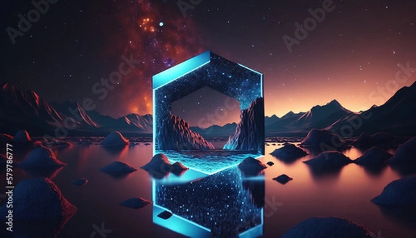 Fototapeta Futuristic wallpaper with neon diamond, rocks and reflections. Generative AI.