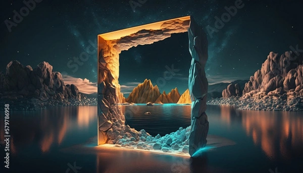 Fototapeta Whimsical neon wallpaper with a geometric diamond shape and night sky. Generative AI.