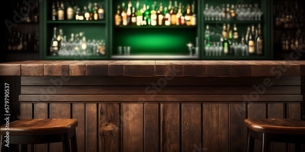 Fototapeta Mockup wooden table, background of a blurred pub or bar green counter, generative ai picture