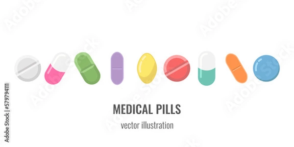 Obraz Set of of various kinds colorful capsules, pills, medical drugs. Flat style vector objects isolated on white background