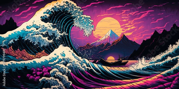 Fototapeta Japanse giant Tsunami Wave in the Synthwave Outrun Cyberpunk AI Generated