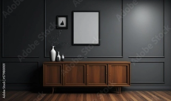 Fototapeta Dark room with grey wall apartment interior with scandinavian style wooden furniture and designer sideboard decorations