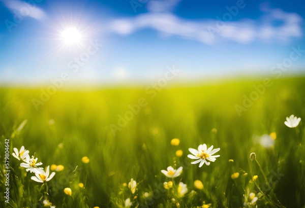 Obraz Beautiful white flowers, spring time, field with green grass and sunny blue sky. Created with Generative AI