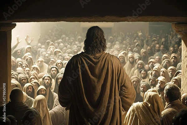 Fototapeta Christ speaking to a crowd and then feeding them, easter, generative ai