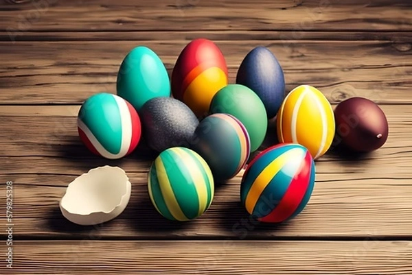 Obraz Easter eggs on wooden floor