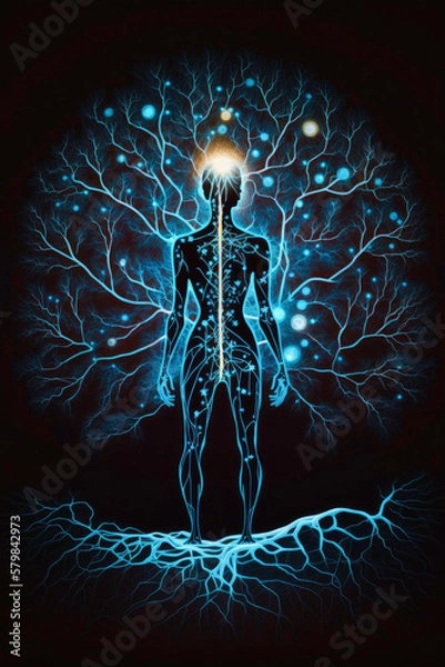 Obraz Human Silhouette of The Human Network, Exploring the Neuronal Connections and Aura of the Self AI Generated
