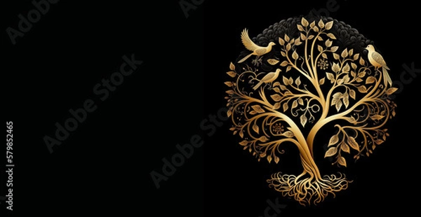 Fototapeta Golden Tree of Life over Black Background Banner Illustration , Sacred Tree Circular Shape, Generative AI