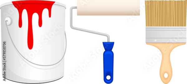 Fototapeta Vector illustration of various items used for painting: a can of red paint, a paint roller, and a paintbrush.