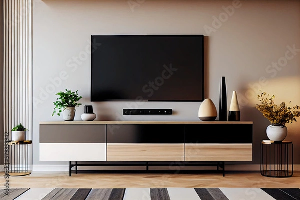 Fototapeta Modern interior background with TV, light colors created with AI	
