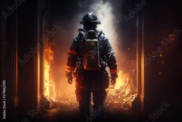 Fototapeta Firefighter searching for possible survives. Generative AI