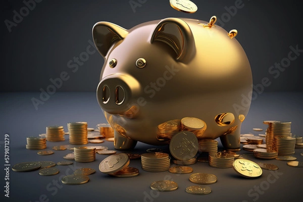 Fototapeta Gold Piggy Bank for saving money and growth concept, generative ai