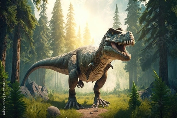 Obraz Huge dinosaur against the mountain background of a prehistoric forest at sunset Generative AI