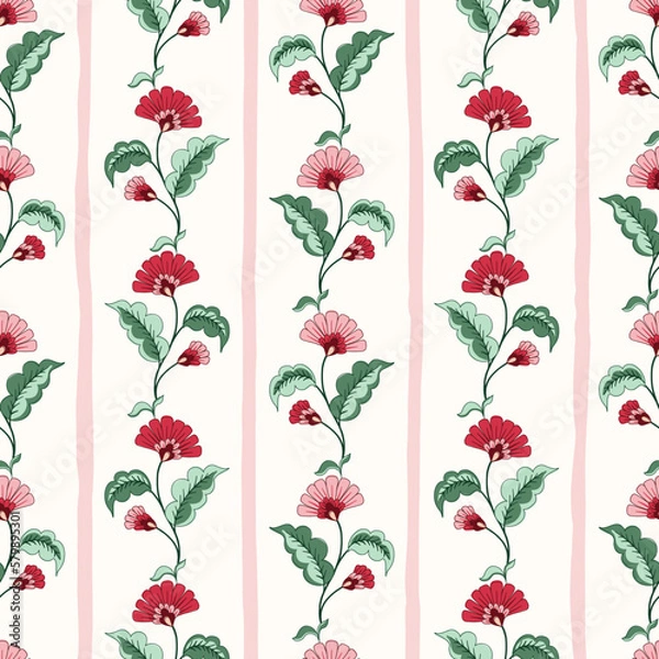 Obraz Indian Trailing Flowers and Stripes Vector Seamless Pattern. Cottagecore Chintz Floral on White Background. Delicate Summer Boho Print