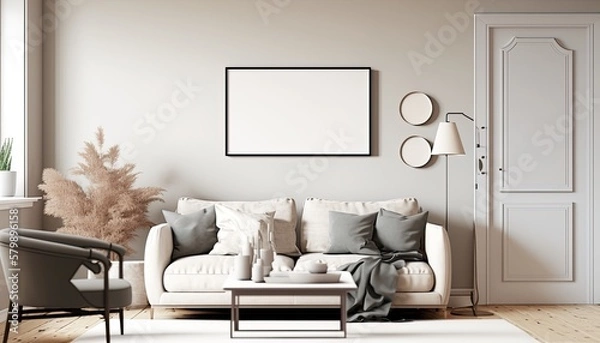 Fototapeta a light cream white Scandinavian, boho-themed living room interior background with a horizontal frame mockup, Japandi, 3D rendered, contemporary-themed, modern interior mockup. Generative AI